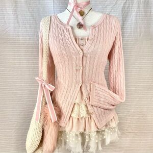♡ cable knit long sleeve strawberry milkshake button up cardigan ♡🍓🥛